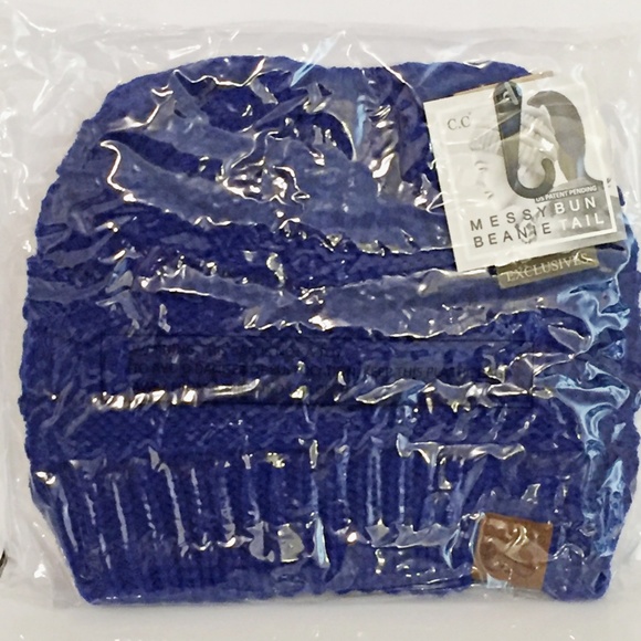 CC Ponytail Beanie Hat Messy Bun Royal Blue - Picture 2 of 3